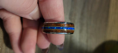 HappyLaulea Tungsten Carbide Ring with Guitar String, Azure Blue Opal, & Koa Wood / 8mm / Dome Shape / Comfort Fitment Review