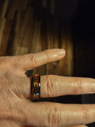 HappyLaulea Black Tungsten 8mm Mid-Gold Strip Ring / Rasta Fire Opal & Hawaiian Koa Wood Tri-Inlay / Dome Shape & Comfort Fitment Review