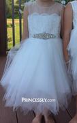 Princessly Sheer Neck Peach Pink Tulle Ivory Lace Wedding Flower Girl Dress with Beaded Sash Review