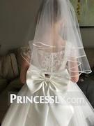 Princessly Satin Tulle Beaded Lace Cap Sleeves Sheer Back Wedding Flower Girl Dress with Bow Review