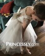 Princessly Satin Tulle Beaded Lace Cap Sleeves Sheer Back Wedding Flower Girl Dress with Bow Review