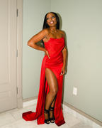 Miss Circle Holly Red Crystallized Corset High Slit Satin Gown Review
