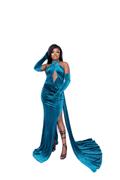 Miss Circle Rayna Teal Criss Cross High Slit Velvet Gown with Gloves Review