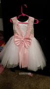Misdress Gold Sequin Ivory Tulle V Back Wedding Flower Girl Dress with Pink Lace belt Review