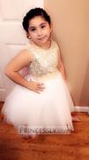 Misdress Gold Sequin Ivory Tulle V Back Wedding Flower Girl Dress with Pink Lace belt Review