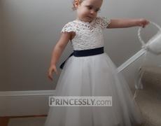 Misdress Short Sleeves V Back Lace Tulle Wedding Flower Girl Dress with Navy Blue Belt Review