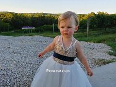 Misdress Thin Straps Champagne Sequin Tulle Flower Girl Dress with navy blue belt Review