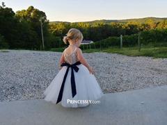 Misdress Thin Straps Champagne Sequin Tulle Flower Girl Dress with navy blue belt Review