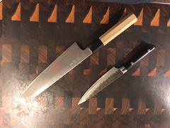 JapaneseChefsKnife.Com Takeshi Saji Aogami Super Custom Series Petty (130mm and 150mm, Linen Micarta Handle) Review