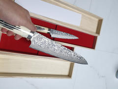 JapaneseChefsKnife.Com Takeshi Saji R-2 Custom Black Damascus Wild Series Petty (135mm and 150mm, Stag Bone Handle) Review