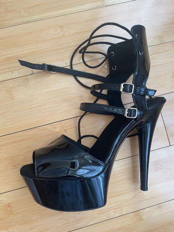 Please Her - By Nicole Kirkland - Made to Order - Black Strappy Open Toe  Platform Heel - Burju Shoes