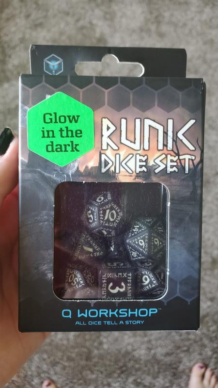 7 Pieces Set Q-Workshop Runic Dice Set Black with Glow-in-the-Dark Etches 