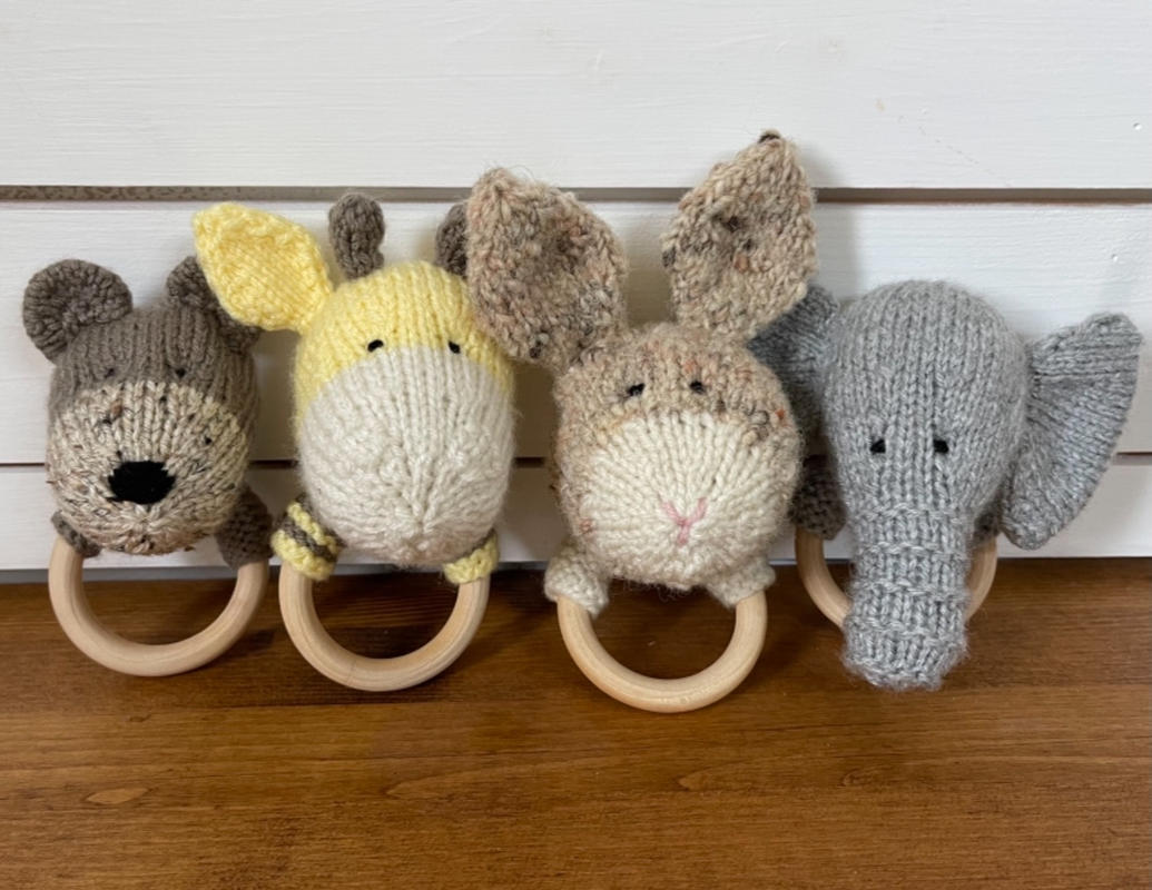 Animal Baby Rattles Knitting Kit and Pattern in Deramores Yarn