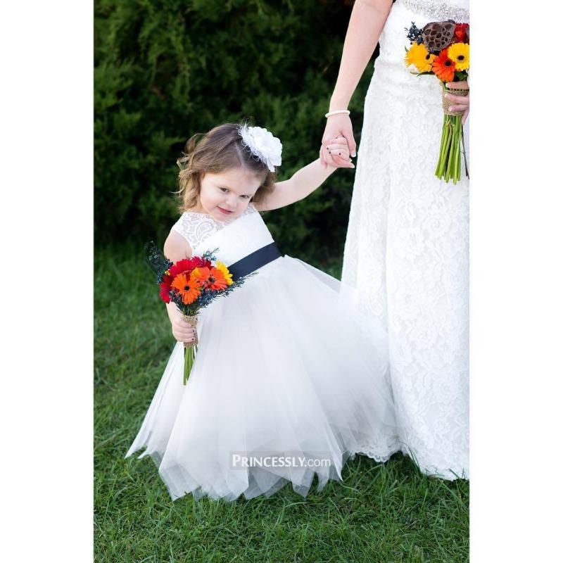 Keyhole Back Ivory Lace Tulle Wedding Flower Girl Dress Navy Blue Sas