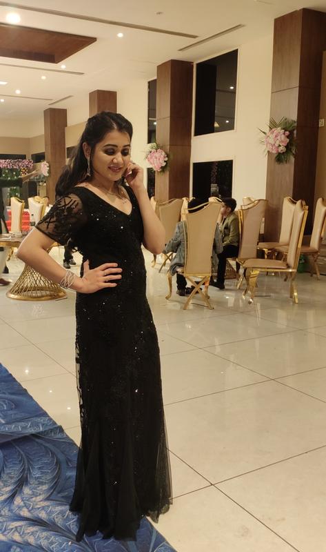 Buy Ink Black Fish Cut Gown In Net With 