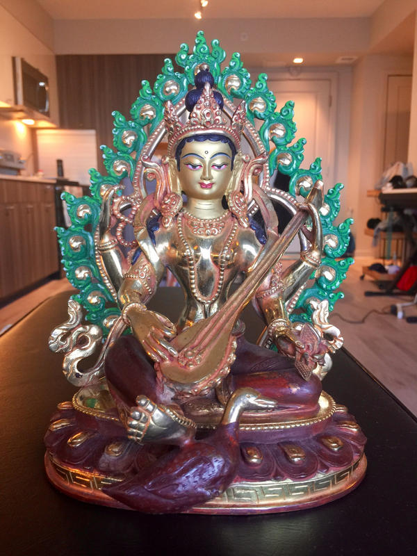 Four Armed Goddess Saraswati Partly Gold Plated Statue with Frame