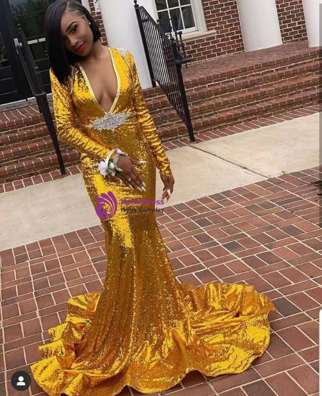 gold sequin dress with train