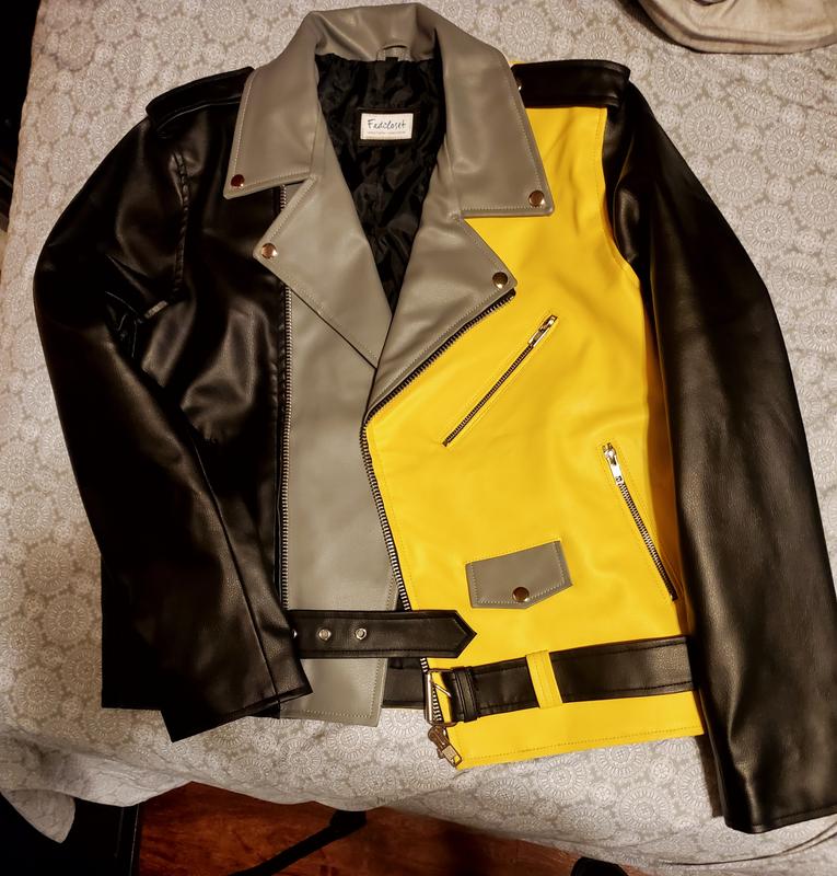 Fad Men's Block Print Moto Style Faux Leather Jacket - Blue/Yellow, M / Blue/Yellow