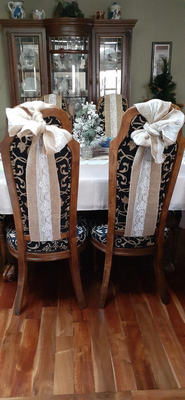 5 x 108 Natural Burlap Chair Sash with Lace - Light Brown and White