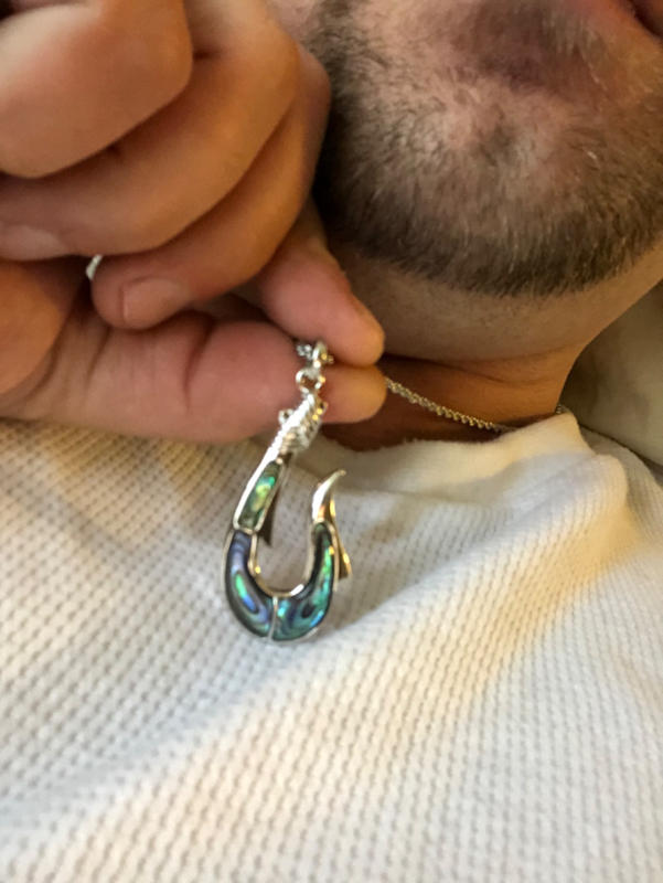 catching fish with abaline shell hook 925 Sterling Silver Fish Hook Pendant with Abalone Pau'a Shell Inlay