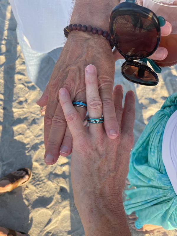 Pair of 6 & 8mm Width Tungsten Wedding Band Ring Set with Blue Opal an