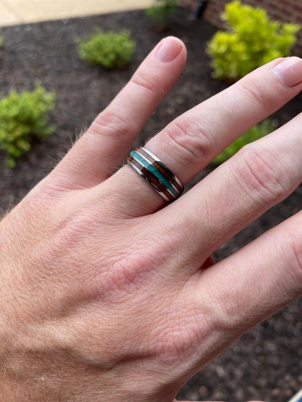 Tungsten Carbide Ring with Crushed Turquoise & Hawaiian Koa Wood Inlay