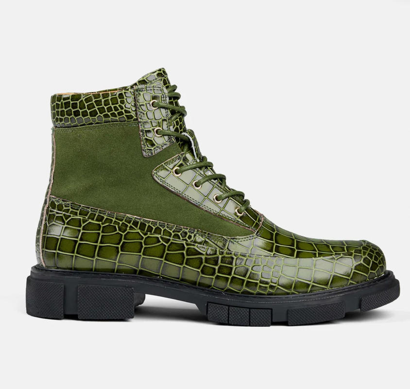 Otis Green Crocskin Leather Combat Boots