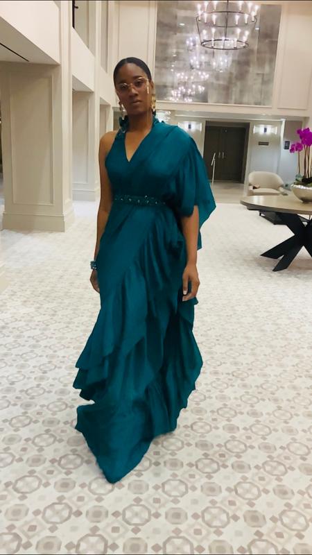 emerald green ruffle blouse