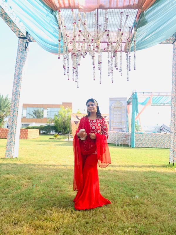 Buy Scarlet Red Georgette Sharara Suit with Embroidered Top