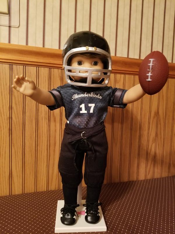 doll size football helmet Blue Uniform 6pc for 18-Inch Dolls | Premium Quality & Trendy Design The Indianapolis Colts team helmet with foam padding and a detachable chin strap looks just like the real deal Koski Kreations Football Helmet Doll