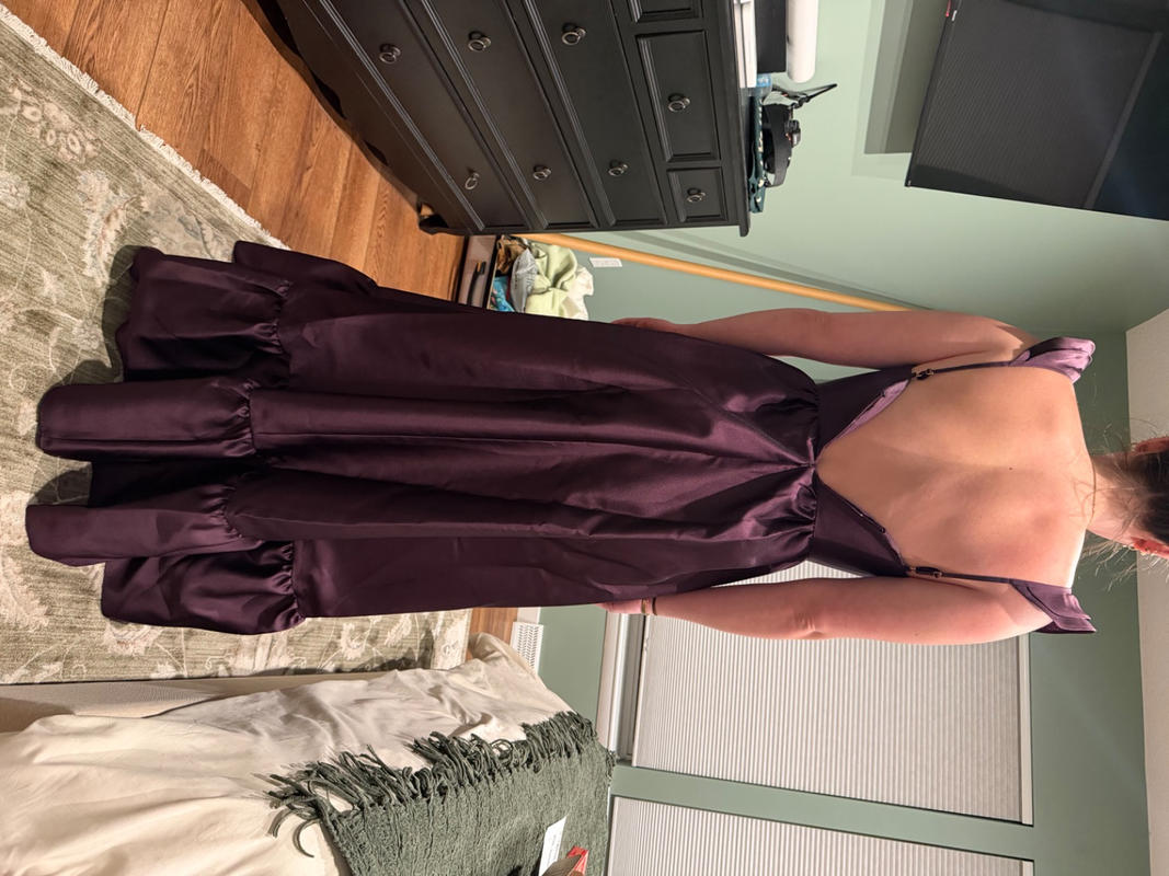 Satin Corset Maxi Bridesmaid Dress With Ruffle Straps & Skirt In Deep Plum