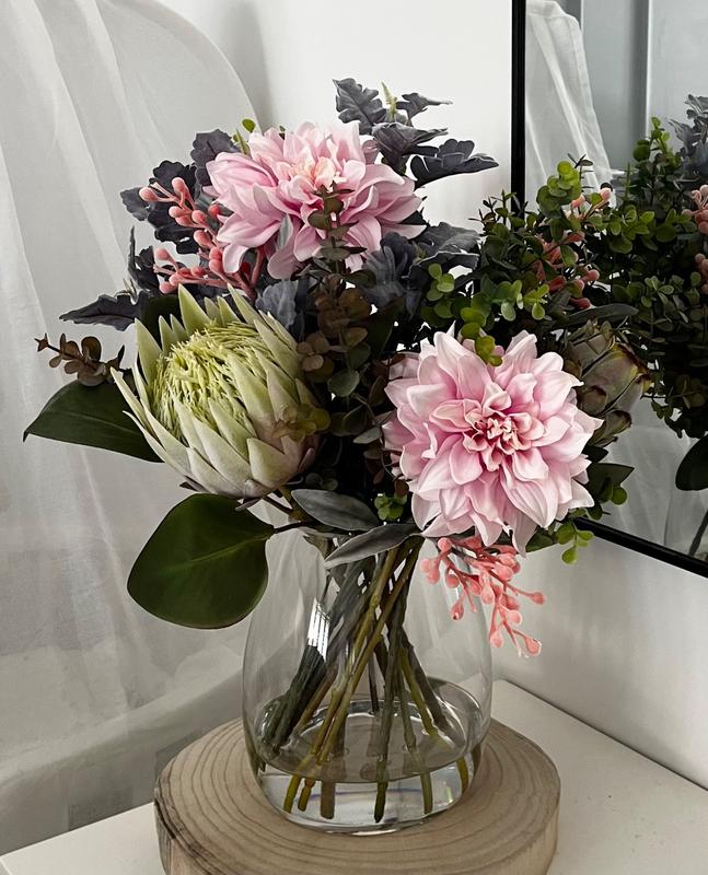 Coraline - Artificial Eucalyptus, Dusty Miller and Dahlia Arrangement