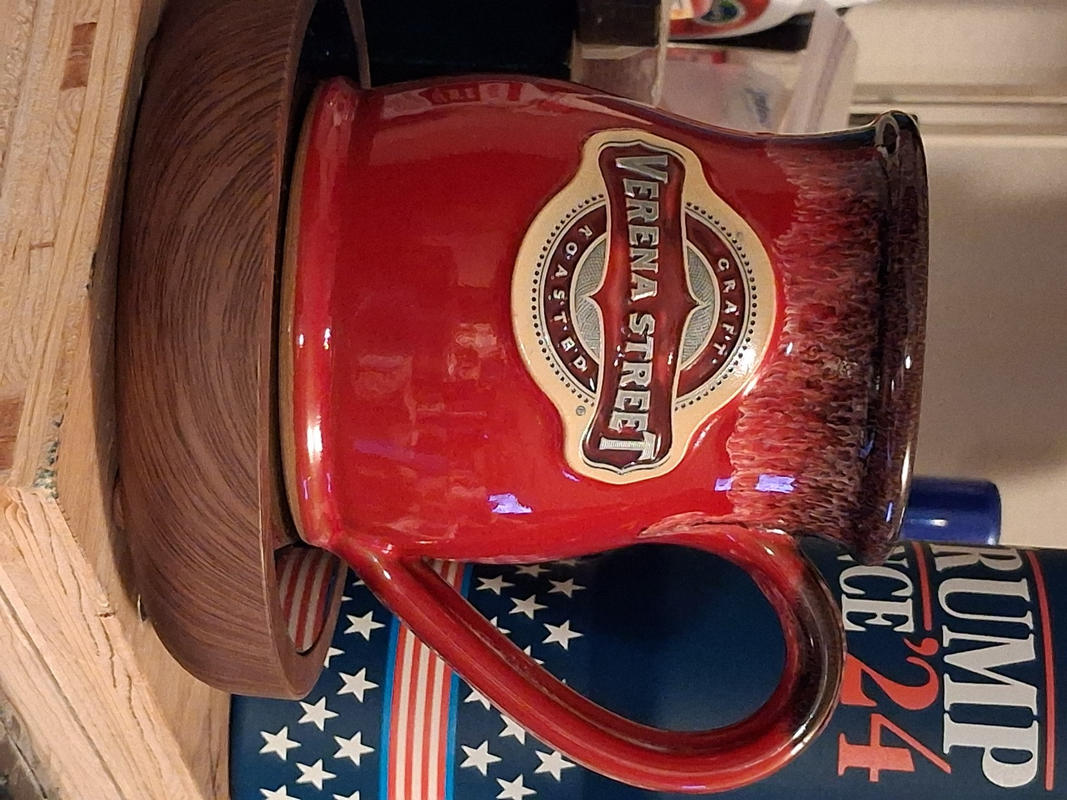 14oz + Tall Belly Pottery Mug, Red with Black and White Glaze