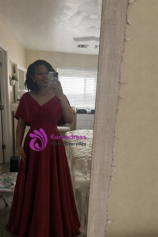 bat prom dress Burgundy Satin Bat Sleeve V-neck Prom Dress