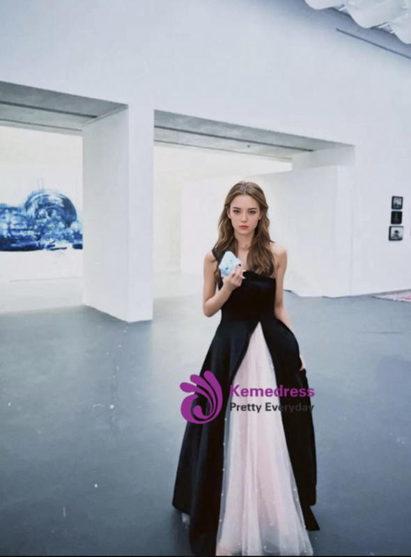Black Satin Pink Tulle Strapless Prom Dress