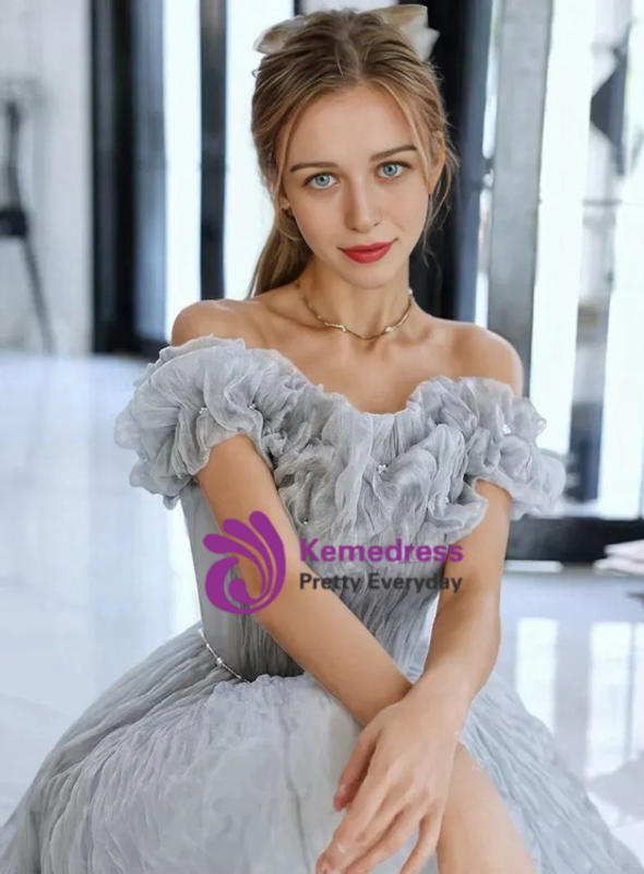 Off Shoulder Maxi Tulle Gown Regular Prom Dress knz3086