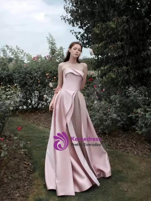 Beautiful Column Satin Strapless Sleeveless Pink Prom Dress With Rhinestone main image 1