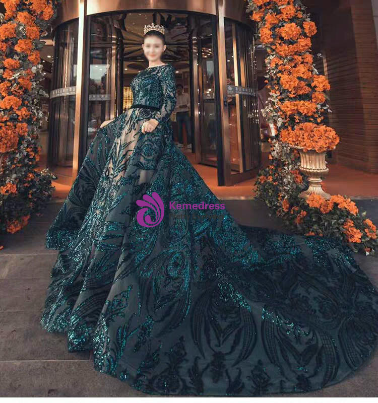 Dark Green Sequins Long Sleeve Backless Formal Prom Dress With Long Train main image 0