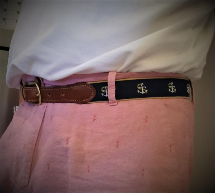 Country Club Prep Anchor and Chain Leather Tab Belt in Navy on Khaki Canvas