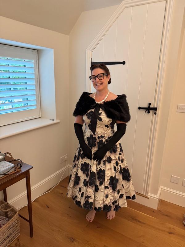 1950s Black Floral Ivory Swing Dress Stretch Cotton Fit And Flare With  Pockets  Pretty Kitty Fashion
