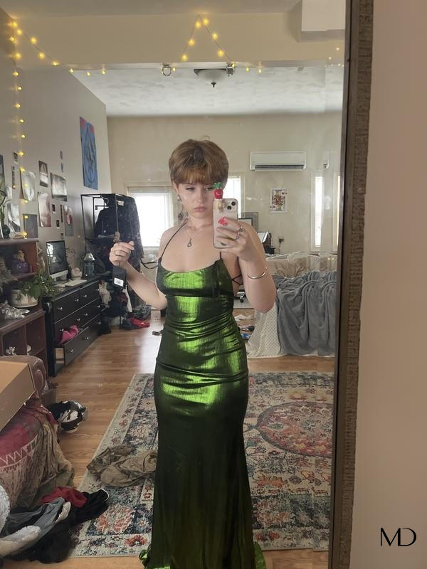 ゴールドメタリック コルセットバック コラムガウン - Mac Duggal