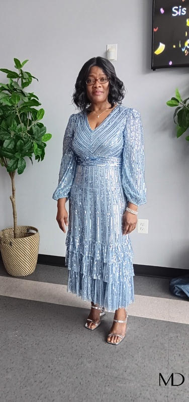 mac duggal sequin v-neck midi dress Silver Sequin V-neck Gown