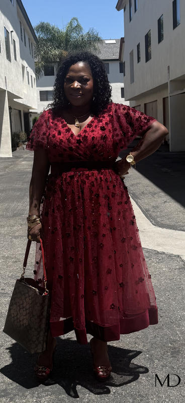 Red Embellished Butterfly Sleeve Velvet Hem Midi Dress - Mac Duggal