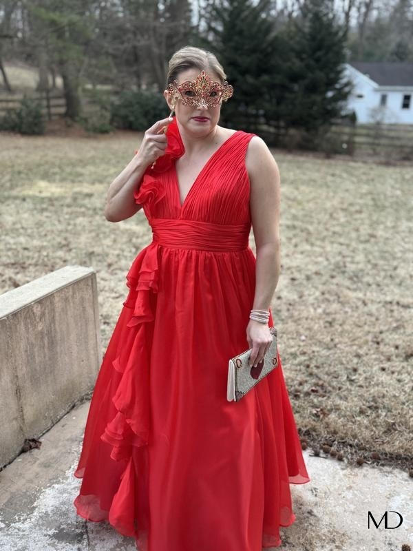 mac duggal red ruffle dress Red Ruffle Tiered Cut-Out Chiffon Gown