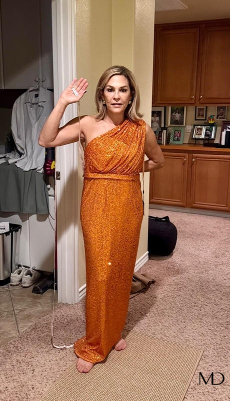 mac duggal orange dress Orange Sleeveless Floral Ruffle A-Line Maxi Dress