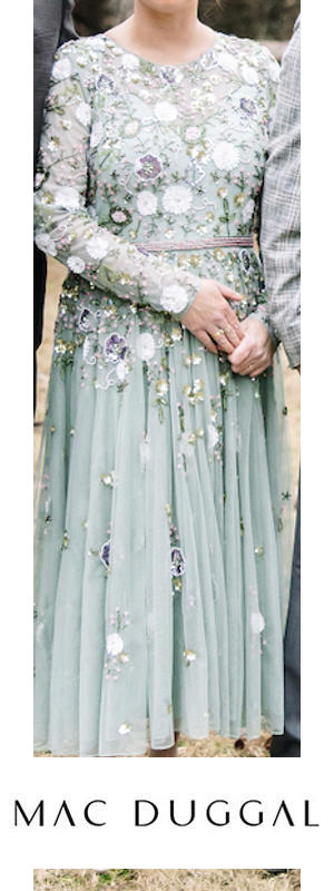 Green Sequined Floral Long Sleeve High Neck Midi Dress - Mac Duggal
