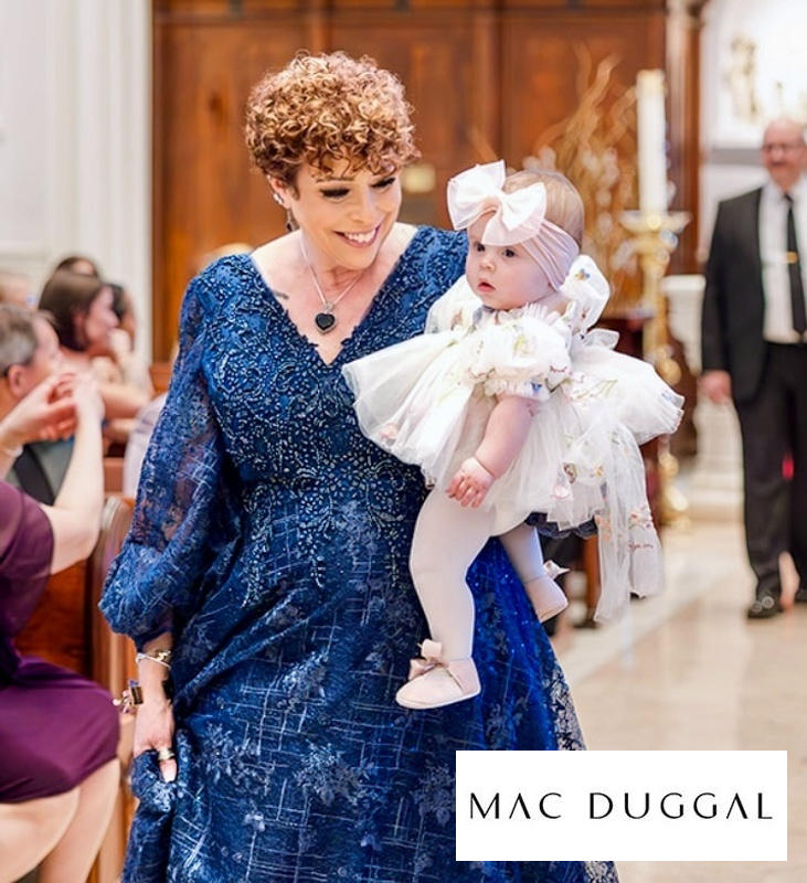 Beige Embellished Plunge Neck Puff Sleeve A Line Gown - Mac Duggal