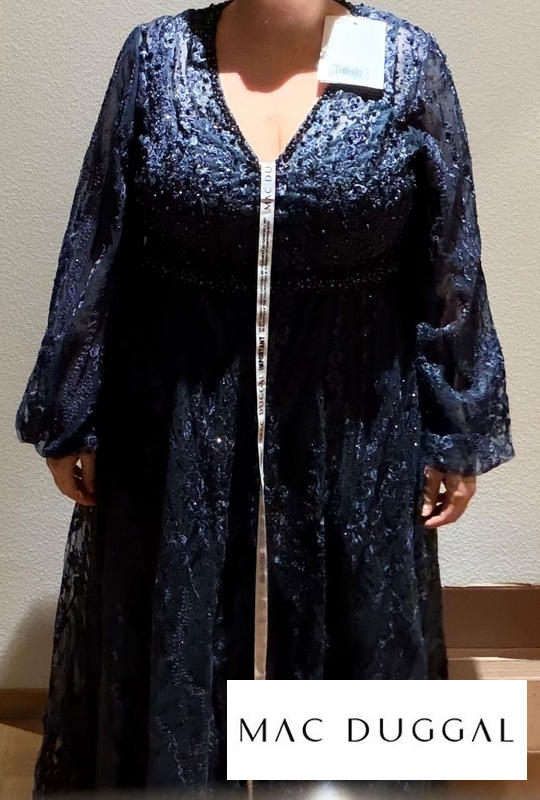 Navy V Neck Puff Sleeve Embroidered A Line Gown (Plus) | Mac Duggal