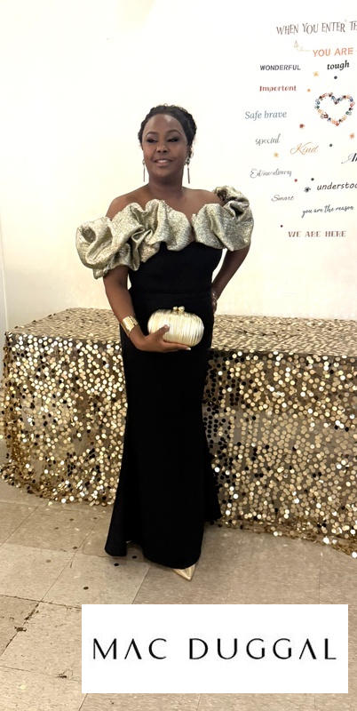 Black Mermaid Gown With Off The Shoulder Ruffle Detail | Mac Duggal