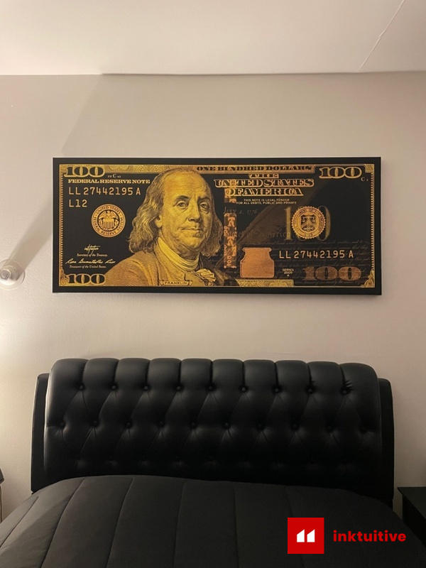  Inktuitive 'Money Press (Original)' Inspirational Wall Art, 100 Dollar Bill Canvas Print, Motivational Décor for Bedroom, Living Room  & Business Office
